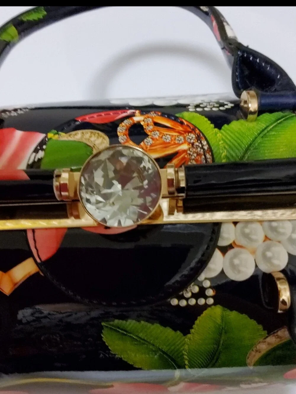 Patent Floral Satchel Handbag - Navy with Pink Flowers